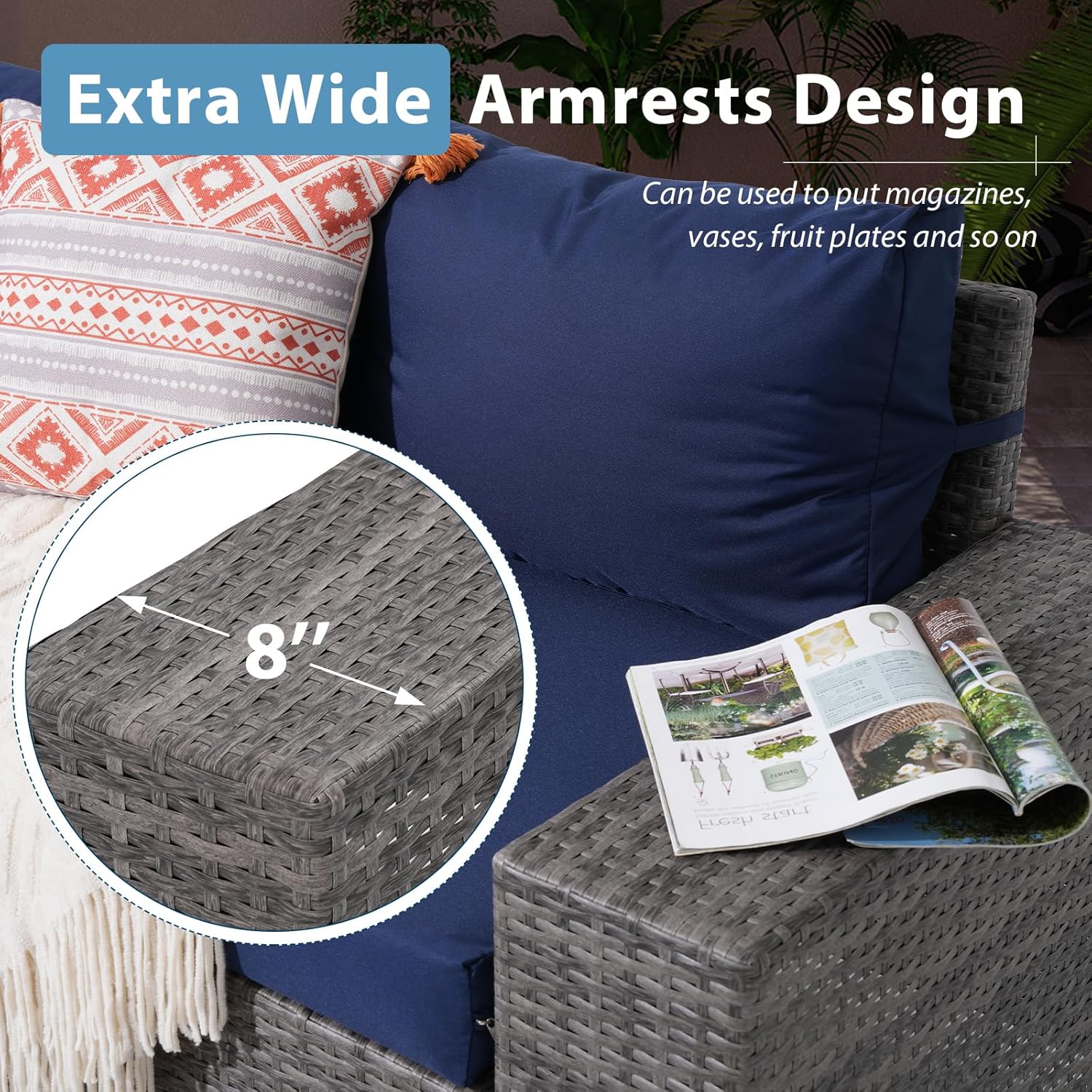 JOIVI 7 Pieces Outdoor Patio Furniture Set with 45” 50000BTU Fire Pit Table, Rattan Patio Conversation Set with Coffee Table, L-Shaped Sectional Sofa and Propane Fire Pit Set, Navy Blue