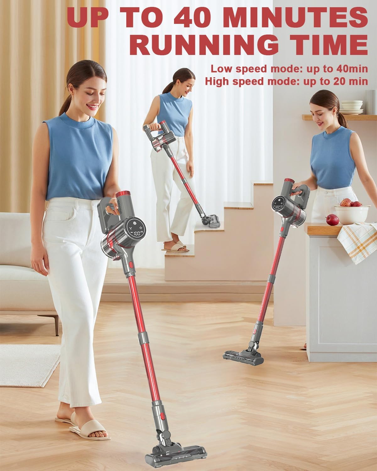 Cordless Vacuum Cleaners for Home,500W/40Kpa Powerful Suction Stick Vacuum Cordless Rechargeable LED Display 40min Runtime 6-in-1 Upright Vacuum Cleaner Hardwood Floor Pet Hair Carpet Tile