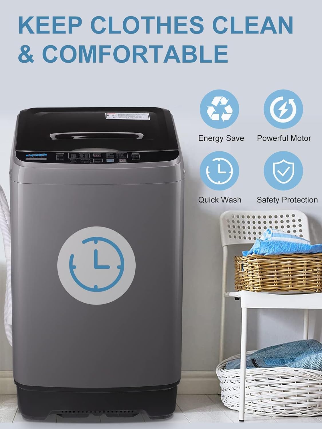 Full-Automatic Washing Machine 17.7 lbs Small Compact Portable 10 Wash Program & 8 Water Level Compact Washer with LED Display Ideal for Apartments, RV, Camping, Grey