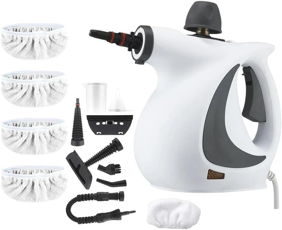 Handheld Steam Cleaner 1050W High Temp Steamer with 8 Accessories 350ml Tank 9ft Cord Deep Cleaning for Kitchen, Bathroom, Upholstery, Windows, Car (1 Set Steam Cleaner+4 Fiber Cloths)