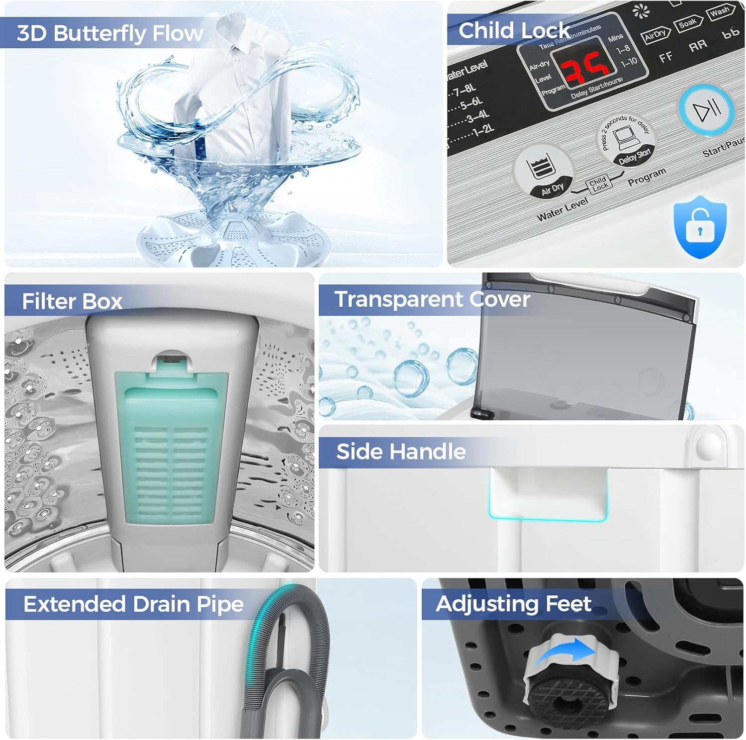 Nictemaw Portable Washing Machine 20Lbs Portable Washer Machine with Drain Pump, 2.8 Cu.ft Washer and Dryer Combo with 10 Programs 8 Water Levels Compact Laundry Washer for Apartments, Home, RV