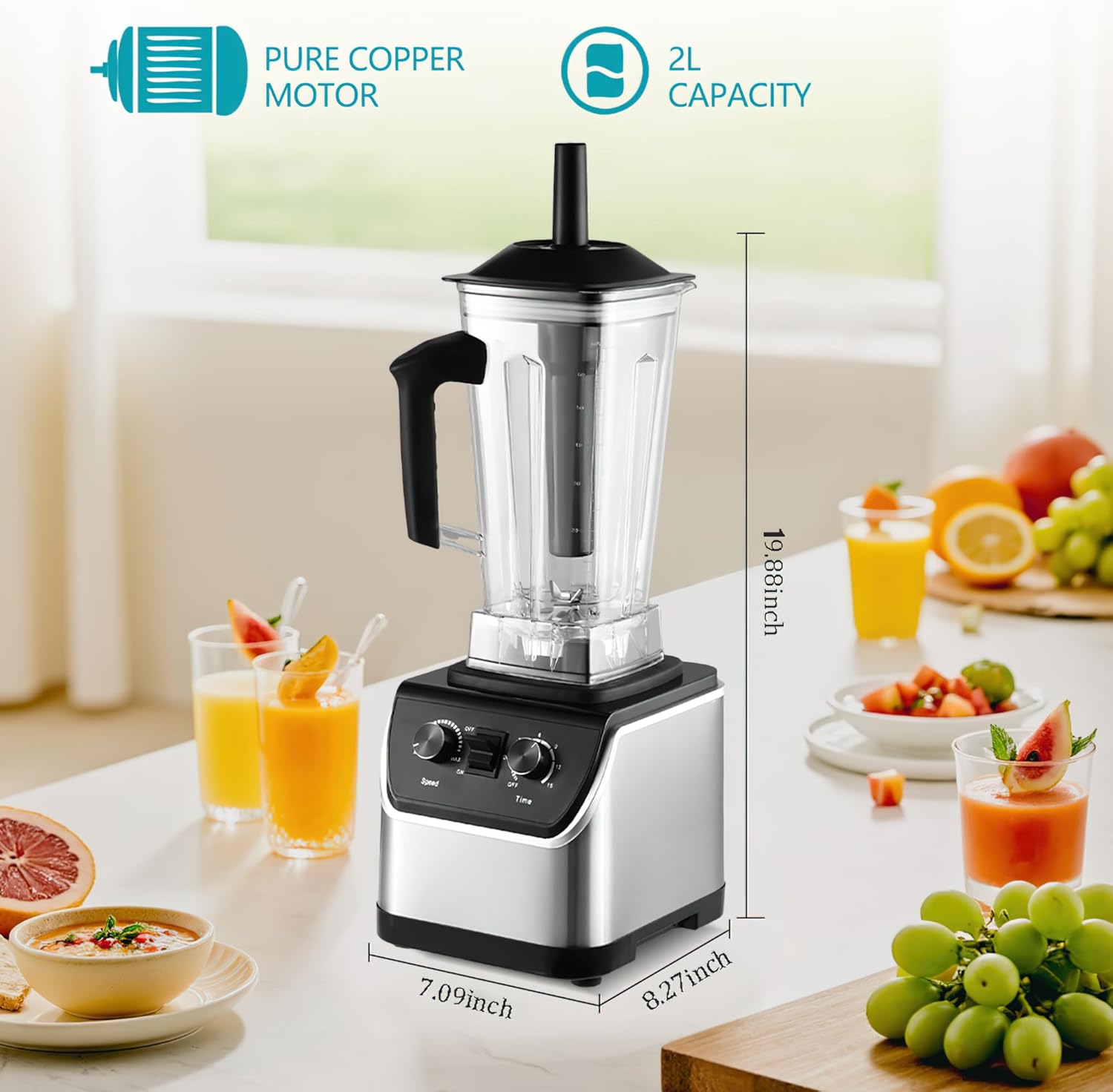Professional High-Power Blender with 2L Capacity, Pure Copper Motor, Speed and Timer Controls,Black, 19.88x8.27x7.09 Inch