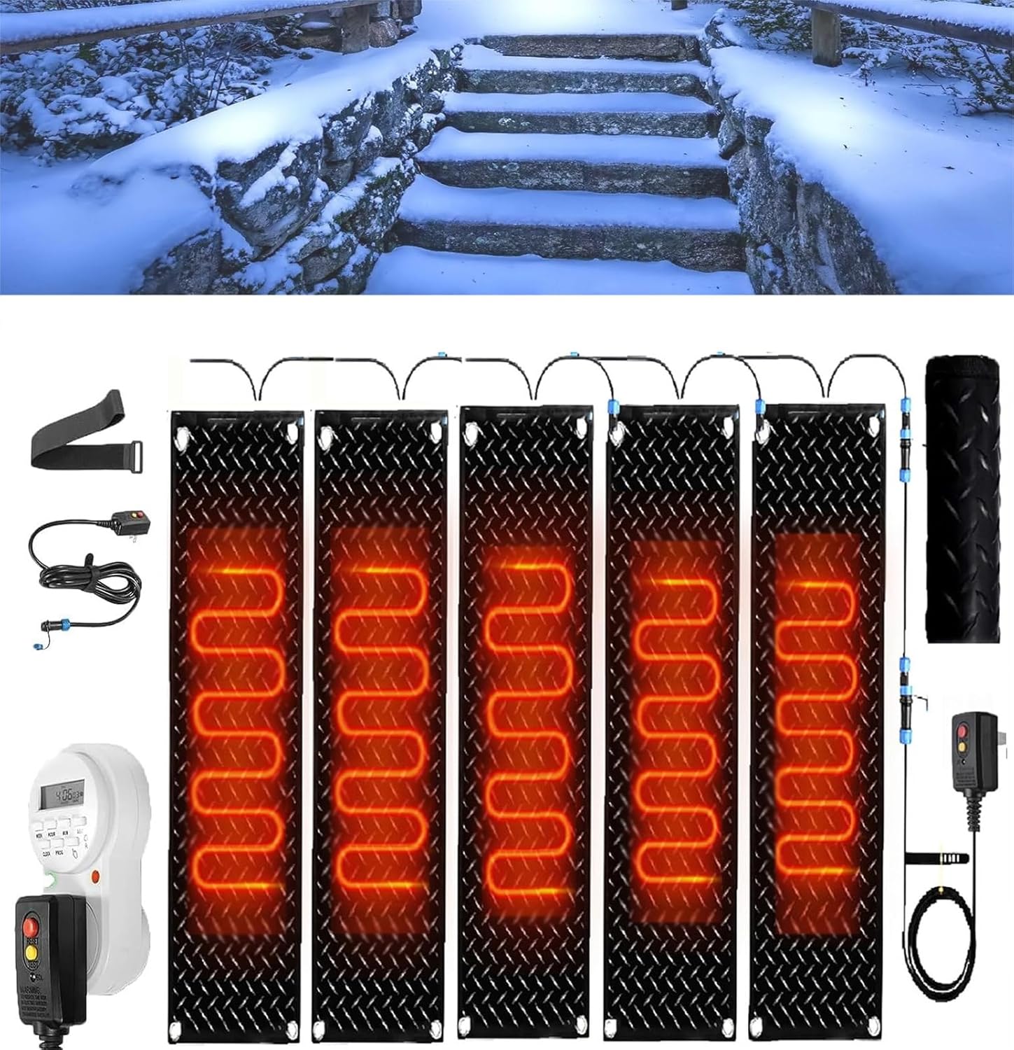 Heated Snow and Ice Melting Mats for Entrances, 1/2/3/4/5 Pcs Non Slip Rubber Heated Mat,with Timer Outdoor Stairs- Non-Slip Winter Removal and Ice Melt Products -Heating Entrance(5 Pcs,12x48i