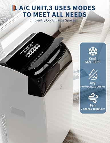 12,000 BTU Portable Air Conditioner with Dehumidifier & Fan, Portable AC Units Cools up to 550 Sq. Ft., Remote Control, Auto Swing, Sleep Mode, Black Top