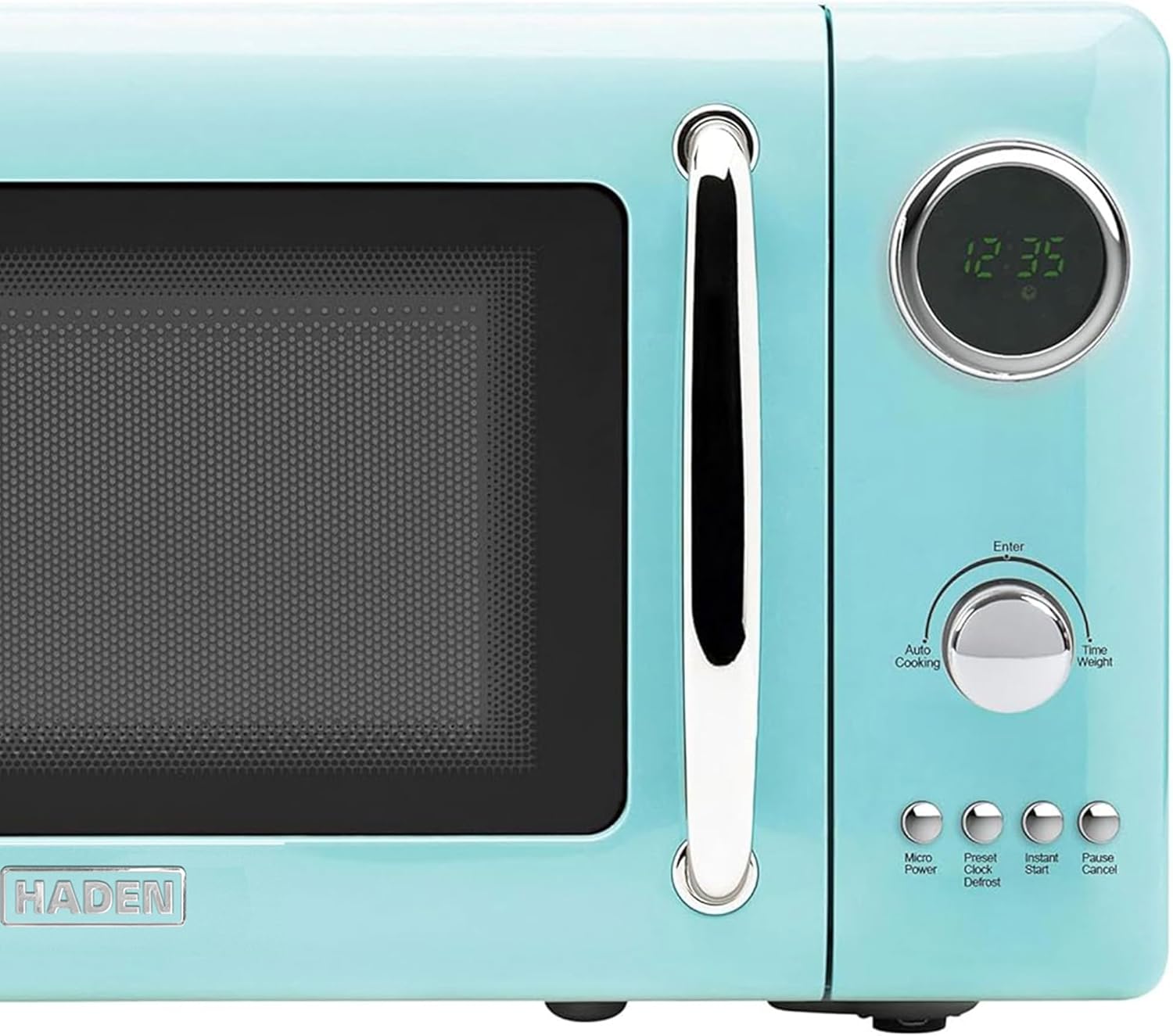 Haden 700 Watt 0.7 Cubic Foot Microwave Oven with Digital Controls, Defrost, and Instant Start Countertop Small Appliance, Turquoise/Chrome