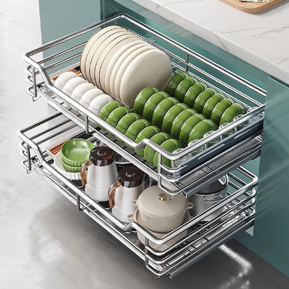 Kitchen Pull Out Cabinets Organizer, 304 Stainless Steel Wire Basket Sliding Drawer for Cabinet Storage Shelves Heavy Duty Slide Out Pan Lid Cookware Organizer for small kitchen appliances, spice seas
