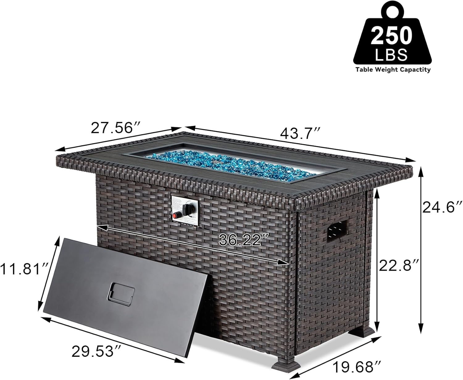 HOMREST Propane Fire Pit Table, Gas Fire Pits for Outside, 44 Inch 50,000 BTU Smokeless Firepit for Outdoor Patio, CSA Approved, Auto-Ignition Adjustable Flame, with Lid, Waterproof Cover, Glass Beads