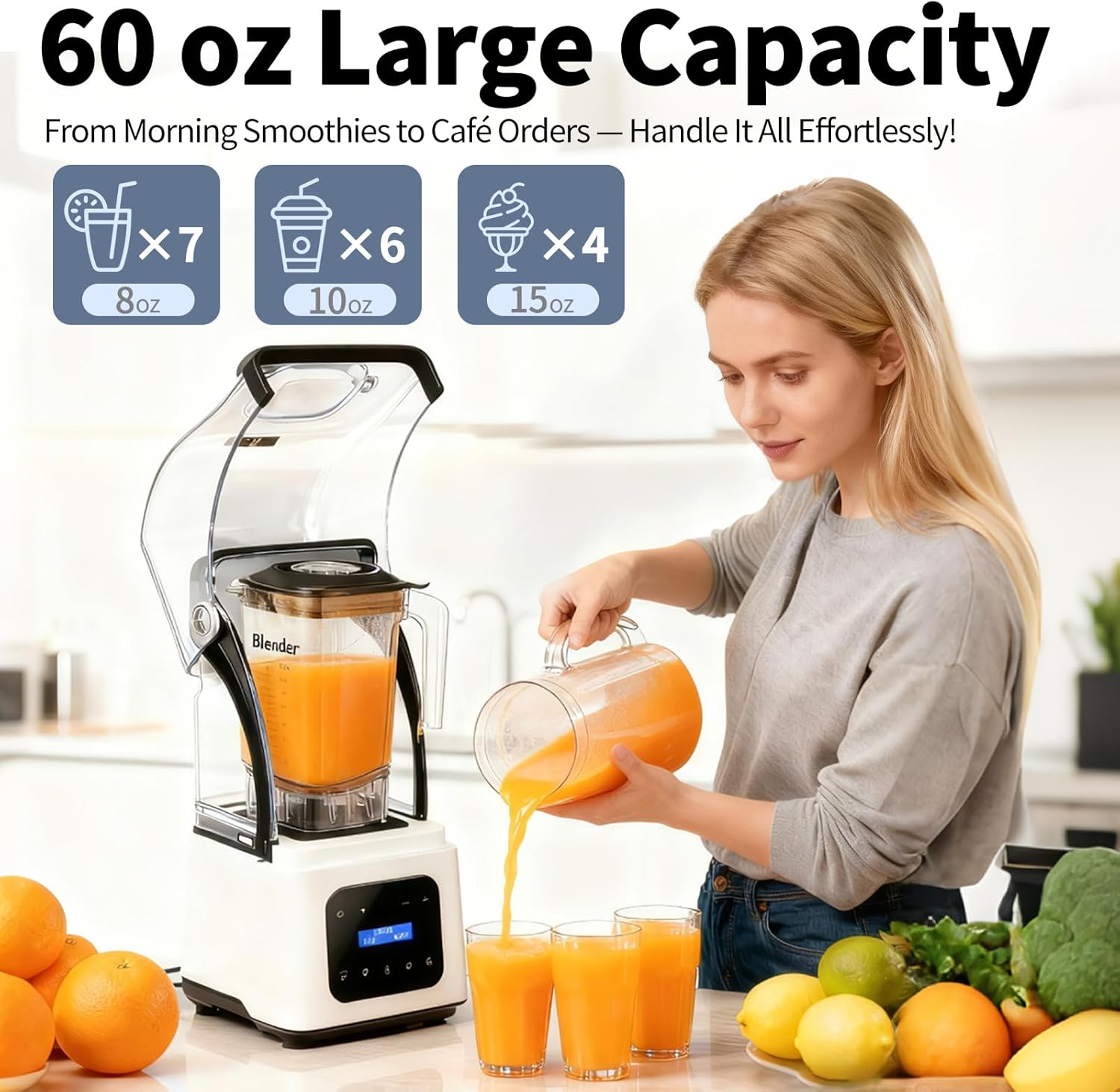 Commercial Blender 2200W Heavy Duty Countertop Blender, Quiet Shield Sound Enclosure, 6-Blade System, DIY Timer & 9-Speed, 5 Preset Programs,Smoothies, Juices, Shakes & Frozen Drinks, 60oz Pitcher