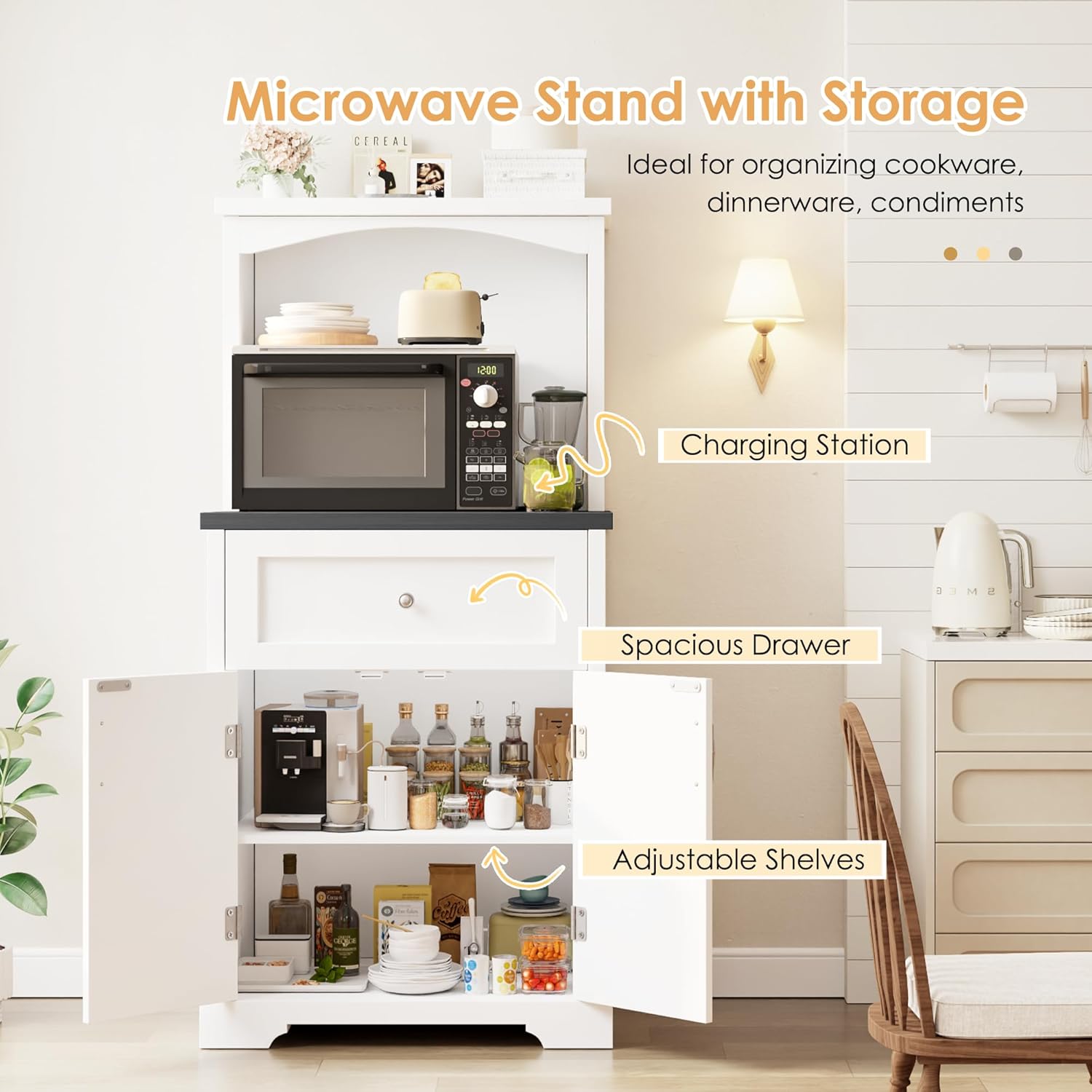 Microwave Stand with Storage and Drawer, Kitchen Pantry Storage Cabinet with Charging Station, Buffet Coffee Bar Cabinet with Adjustable Shelves, Kitchen Hutch Microwave Table for Dining Room