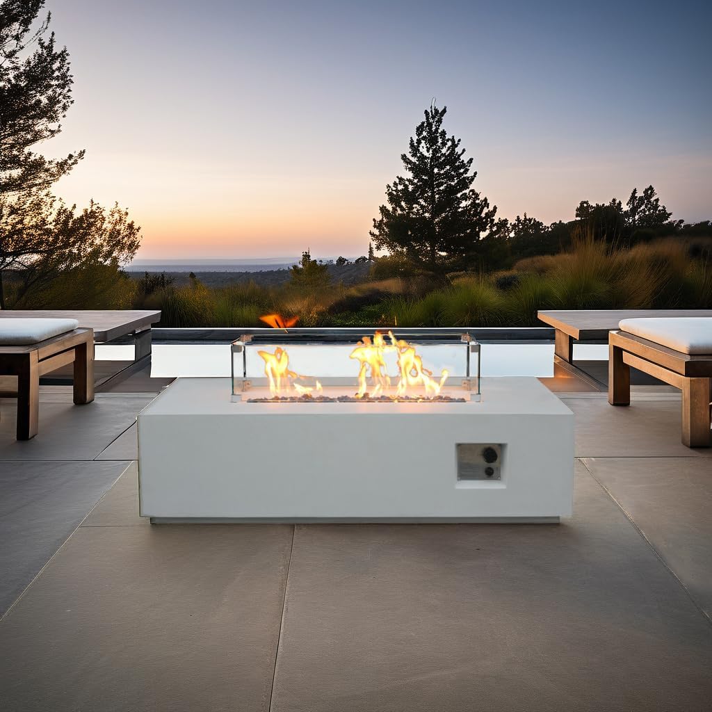 52 Inch Outdoor Concrete Propane Gas Rectangle Fire Pit Table in Antique White Color