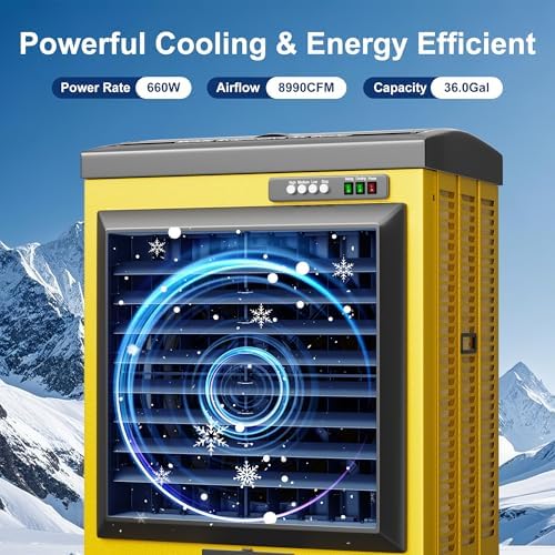 Swamp Cooler, 8990CFM Evaporative Air Coolers with 36 Gal Tank, Windowless Air Conditioner 3 Speeds for Outdoor Use, 58 Inch Air Cooler Water Fan for Patio, Garage, Shop, Commercial Yellow