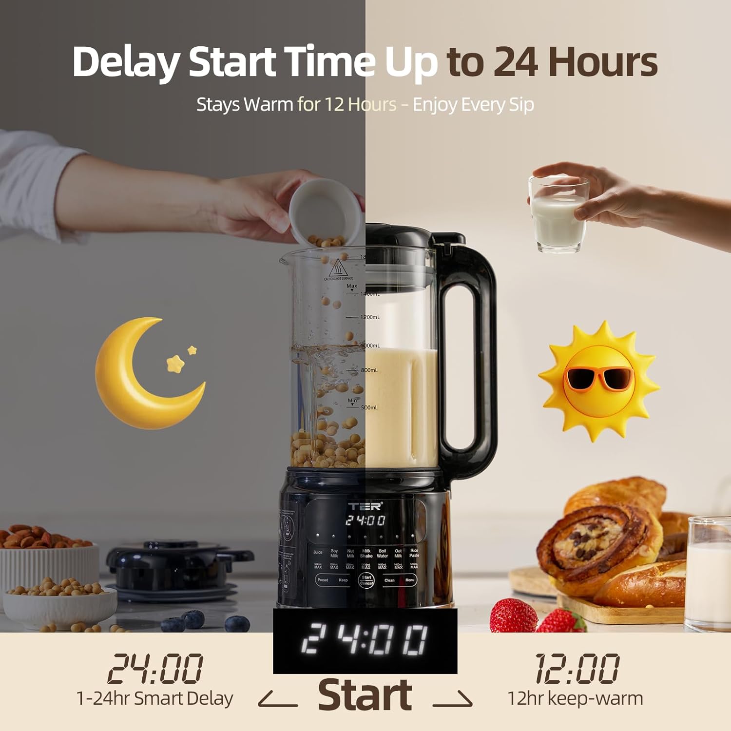 50OZ Nut Milk Maker Machine, TER 10-in-1 Soy Milk Maker for Almond/Oat/Soy Milk, Juice, Milkshake, Rice Paste, Auto Clean/24H Preset Time/12H Keep Warm, with 7 Accessories, Black