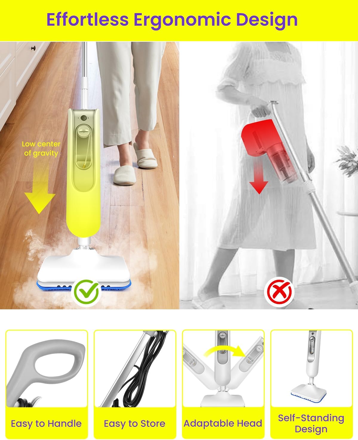 6 IN 1 Steam Mop for Floor Cleaning, Effortless Ergonomic Design Handheld Steam Cleaner, Floor Steamer for Hardwood and Tile, 1500W High Power, 16.4ft Cord, 400Ml XL Tank, 2 Washable Pad