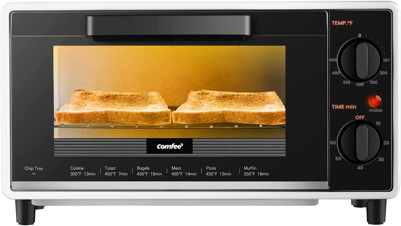 COMFEE' EM720CPL-PMB Countertop Microwave Oven, 0.7cu.ft, 700W, Black & Mini Countertop Toaster Oven, 2-Knobs Easy to Control with Timer-Bake-Broil-Toast Setting, 1000W, Black