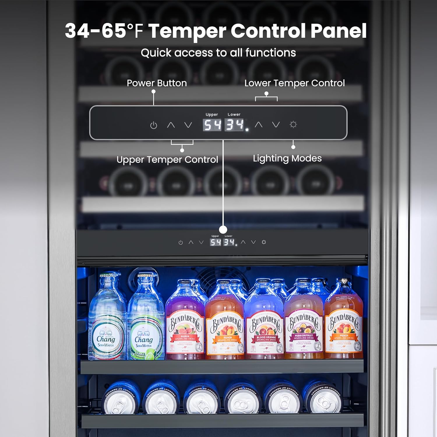 Yeego Wine Fridge – 24 Inch Wine and Beverage Cooler 34°F-65°F, 304 Stainless Steel Glass Door Lock, Temp Memory Blue & White LED Built-in Fridge Left-hand Opening with Drawer (182 Can+77 Bottle)