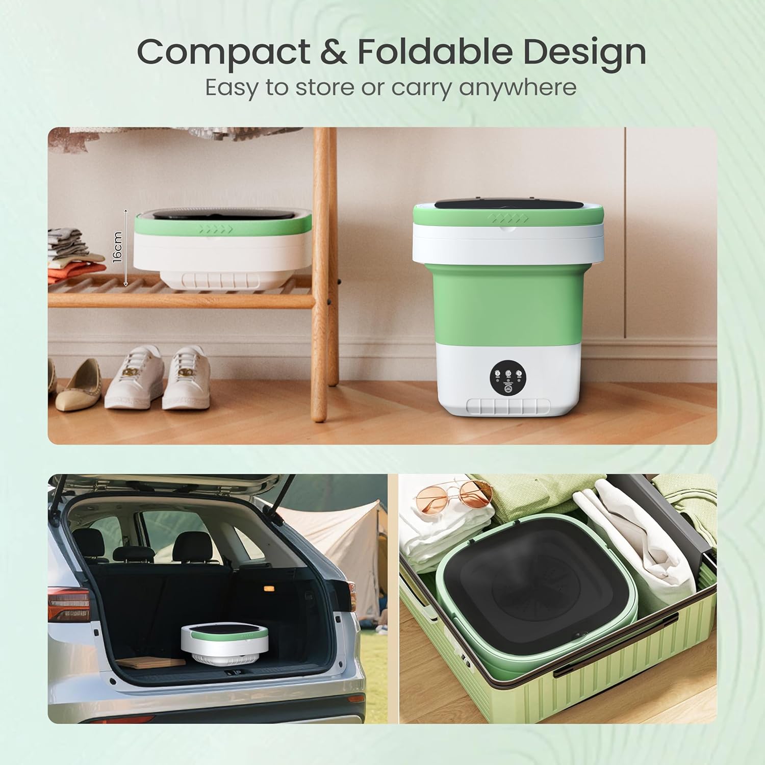 Portable Washing Machine - 16L Mini Foldable Washer with Spin Basket, 3 Cleaning Modes & Deep Cleaning for Small Clothes, Collapsible Laundry for Apartment, Home, Hotel and Travel (Green)