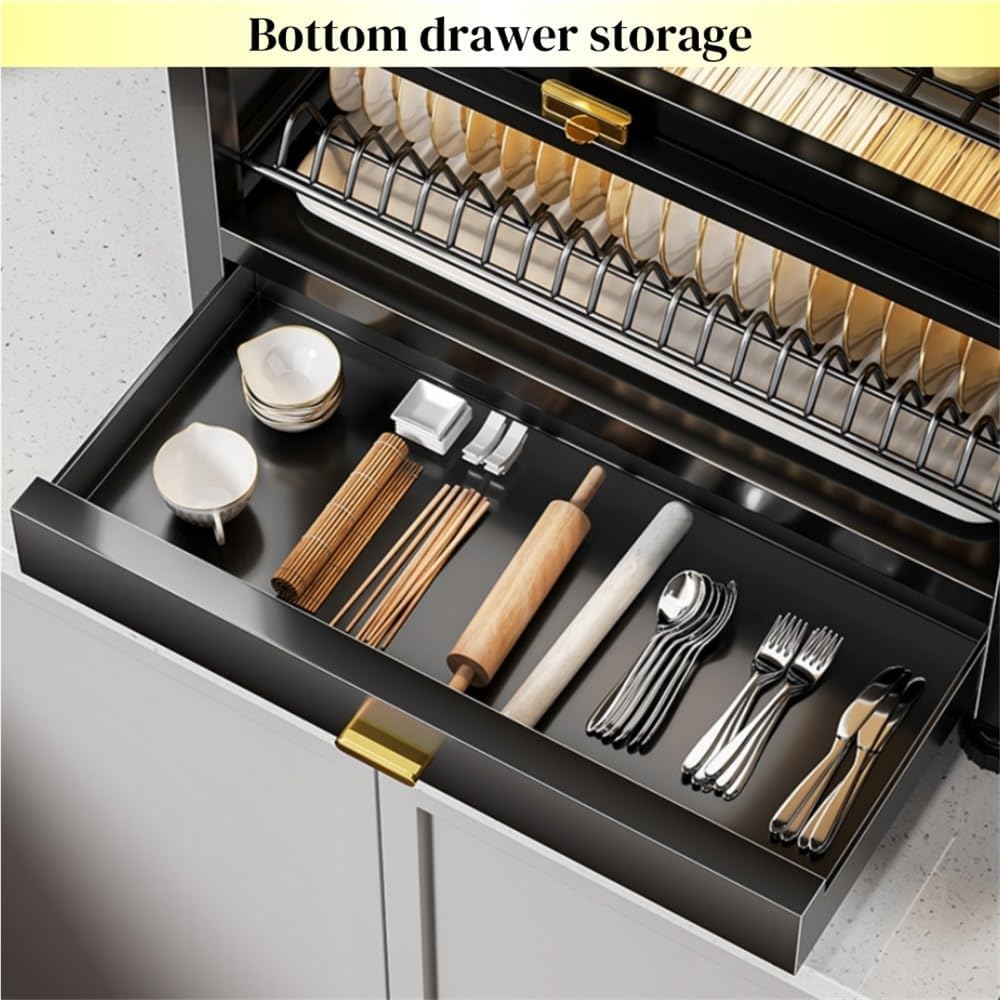 Kitchen Countertop Dish Cabinet with Drawers, Countertop Pantry with Drain Trays and Doors, Multifunctional Microwave Oven Rack, Space-Saving Dish Organizer for Dining room(White,17.7''x11.4''x28'')