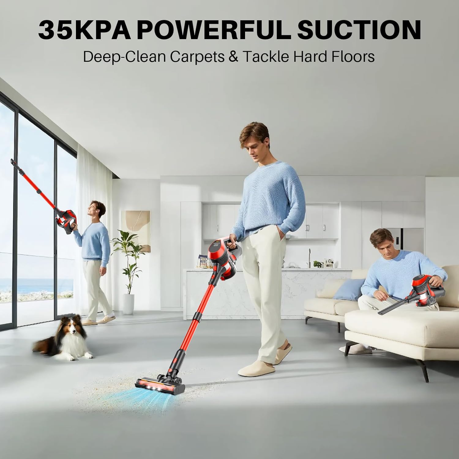 Cordless Vacuum Cleaner - Lightweight, 35Kpa Home Stick Vacuum, Smart Display & Removable Battery, Up to 45 Mins, 8 in 1 Portable Handhled Vacuum, Wall Mount Charging for Hardfloor, Carpet Red