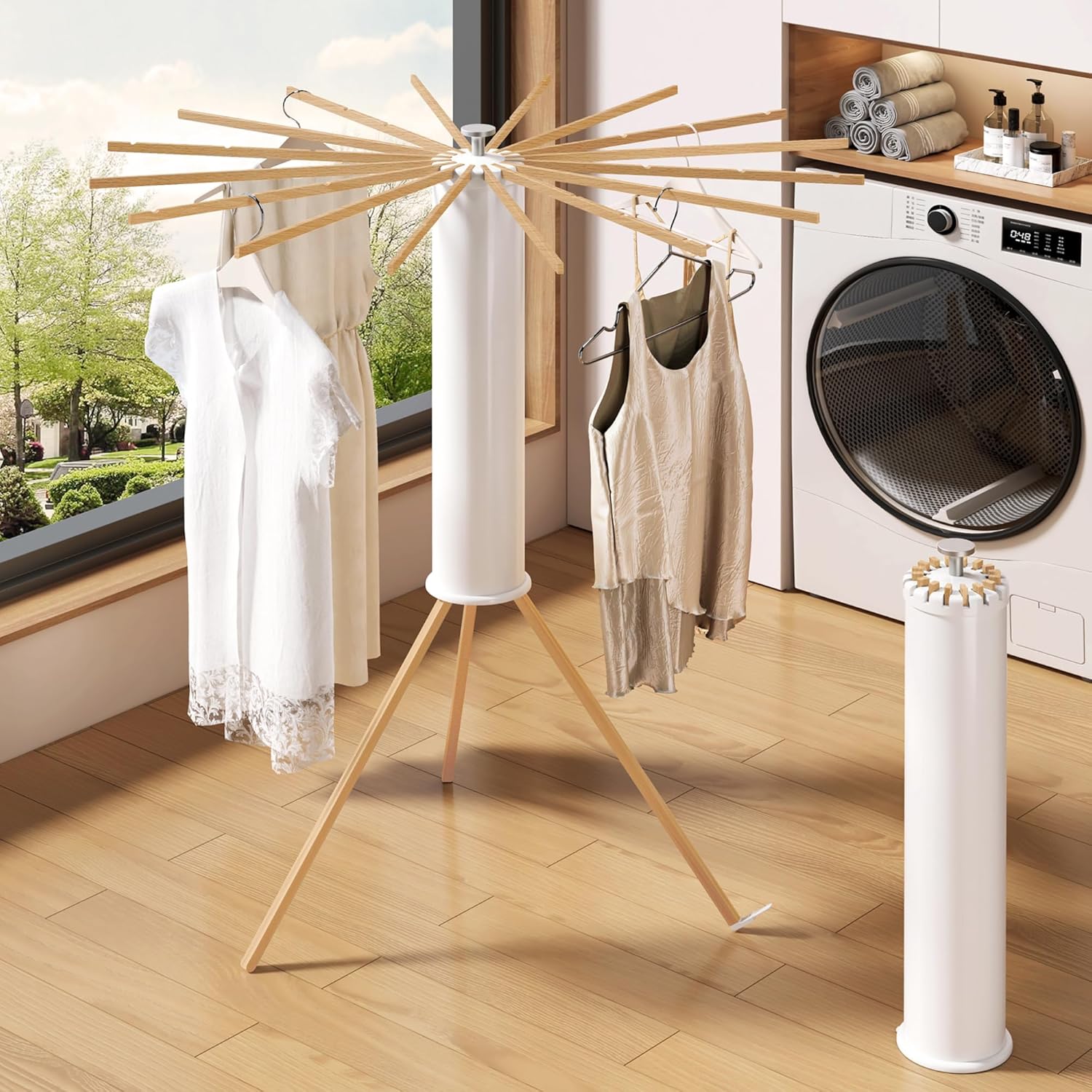 Foldable Tripod Clothes Drying Rack,Beechwood & Portable Laundry Stand, Space-Saving Collapsible Hanger with 16 Arms for Indoor & Outdoor Drying – Easy Setup, Stable Base, Fast Air-Drying Design