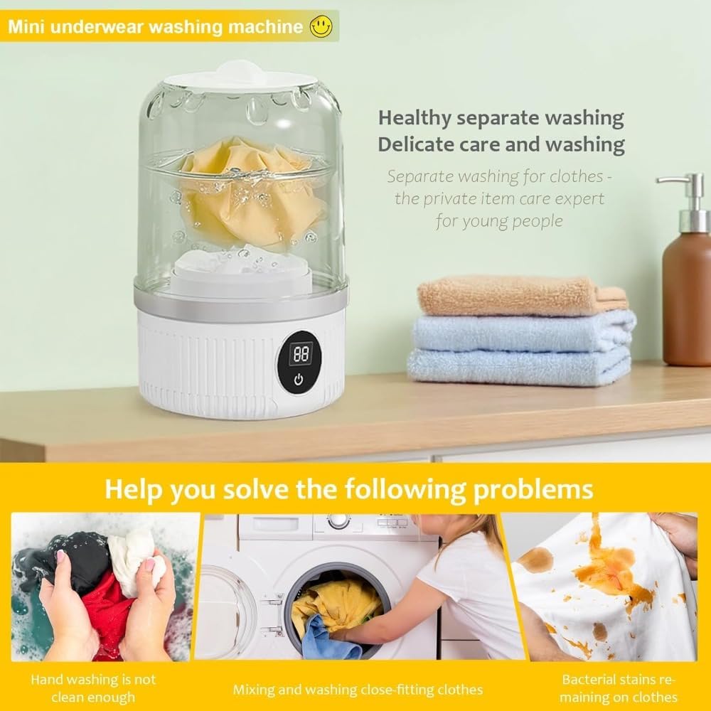 Portable Washing Machine - 2025 Upgraded Cordless Mini Washer for Underwear, Socks, Rechargeable Laundry Cup, White