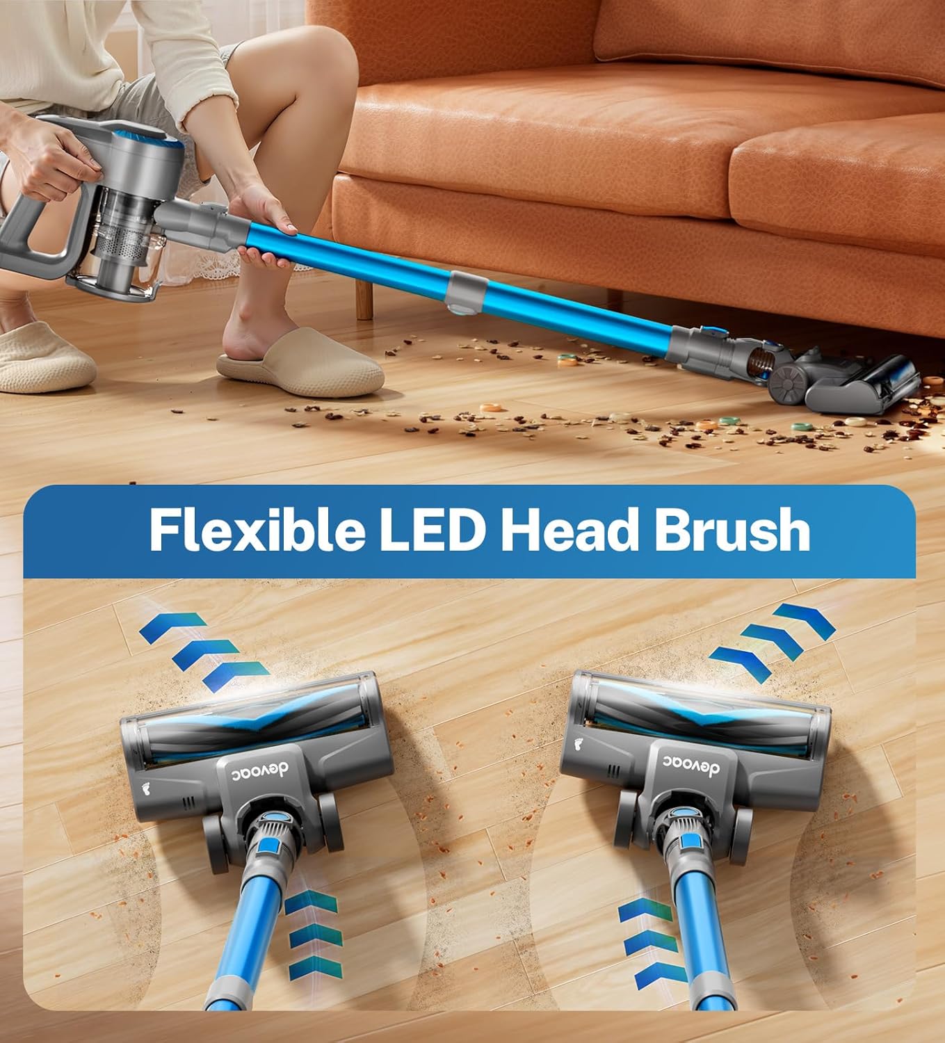 DEVOAC N300 Cordless Vacuum Cleaner, 6 in 1 Lightweight Stick Vacuum, 2200mAh Battery Up to 40mins Runtime, Powerful Handheld Vacuum for Hard Floor Rug Pet Hair Home Dorm (Blue)