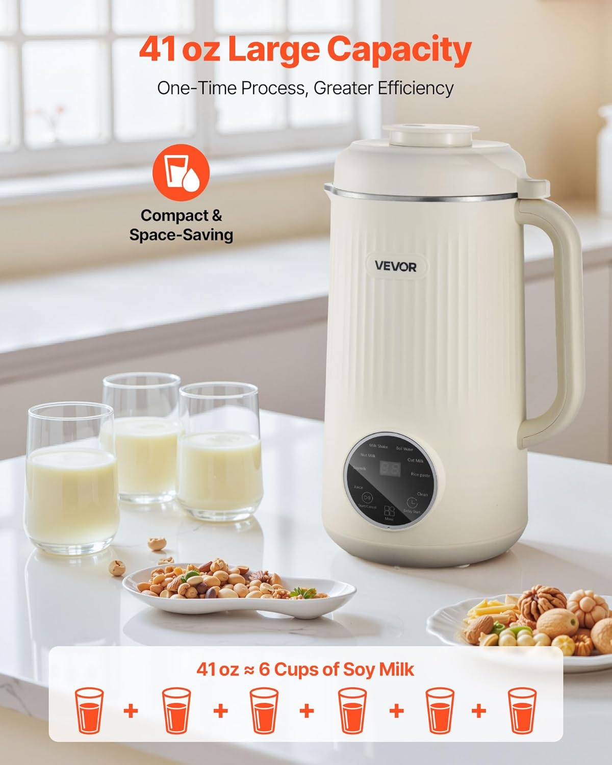 VEVOR 8-in-1 Nut Milk Maker, 41 oz Soy Milk Maker Machine with 10 Blades, for Homemade Oat, Nut, Soy, Juice, Milkshake, Rice Cereal, Plant-Based Beverages with Self-Cleaning, Boil Water, 12-Hour Delay