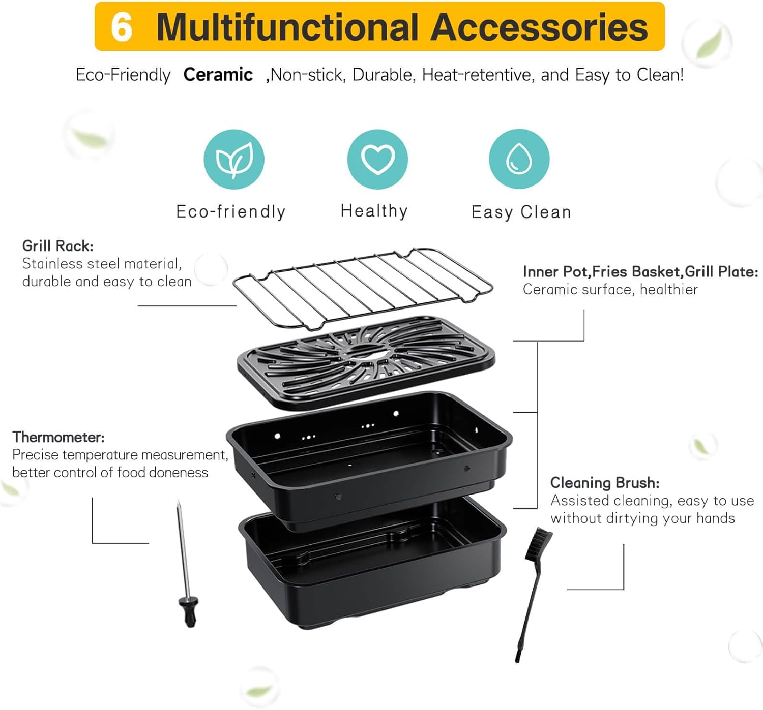 Candy Indoor Grill & Air Fryer with Ceramic Accessories, 500°F Max, 7-IN-1 Digital Display, 5.2 QT Electric Low Smoke with View Window, Smart Thermometer, Crisp, Roast & Dehydrate, Easy Clean, 1500W