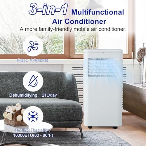 10000 BTU Portable Air Conditioner, AC Cooling for Room Spaces Up to 450sq. Ft, Quiet 4-IN-1 Portable Ac Unit With Dehumidifier Fan Function, Sleep Mode, Remote Control & 24H Timer for Bedroom, Room