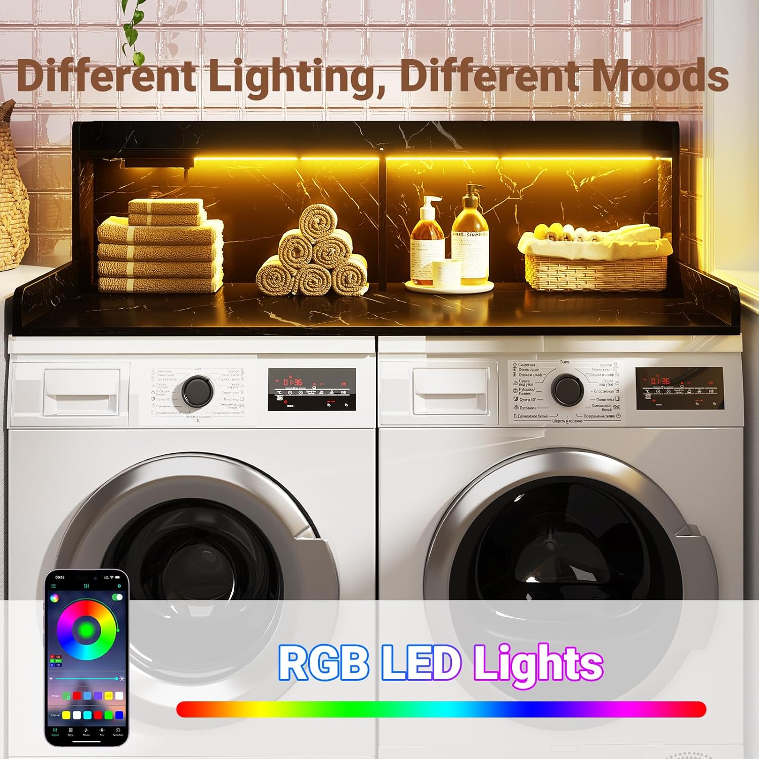 Aheaplus Washer and Dryer Countertop, 2-Tier Laundry Countertop Cover with LED Lights and Power Strip, Large Space Laundry Topper with Shelf for Laundry Room Organization, Black Marble