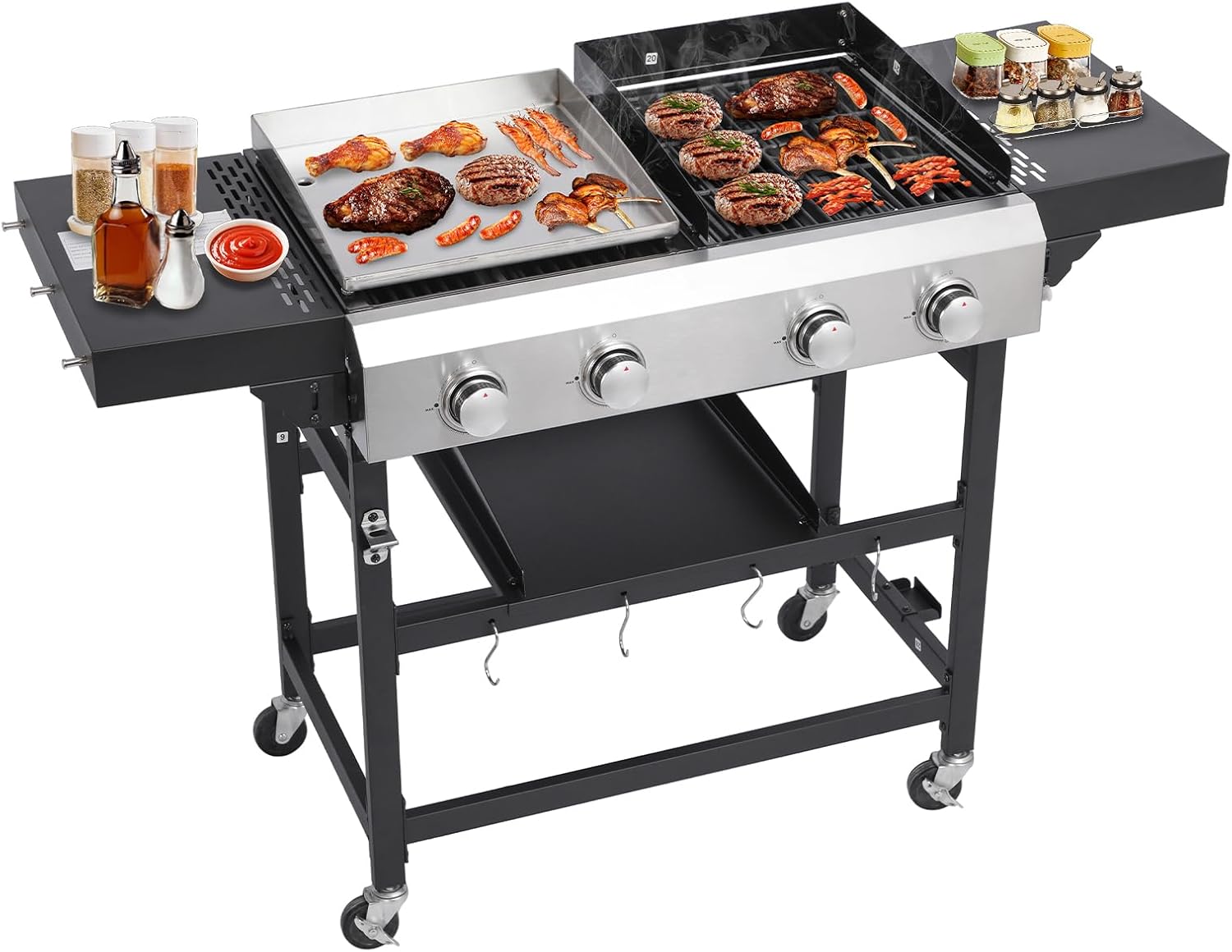 CIG GARDEN 4-Burner Propane Gas Grill and Griddle Combo, 42,000 BTU Output BBQ Grill with Cast Iron Grates, Perfect for Outdoor Cooking, Balcony, Backyard, Camping, Barbecue