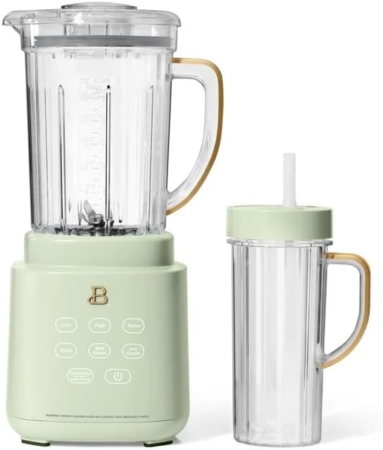 Beautiful PowerExact Blender System, Sage Green Icing by Drew Barrymore – 700 W Motor, PrecisionSense, Touch Display, 50 oz Tritan Pitcher + 20 oz Cup with No-Drippy Sippy Lid (White)
