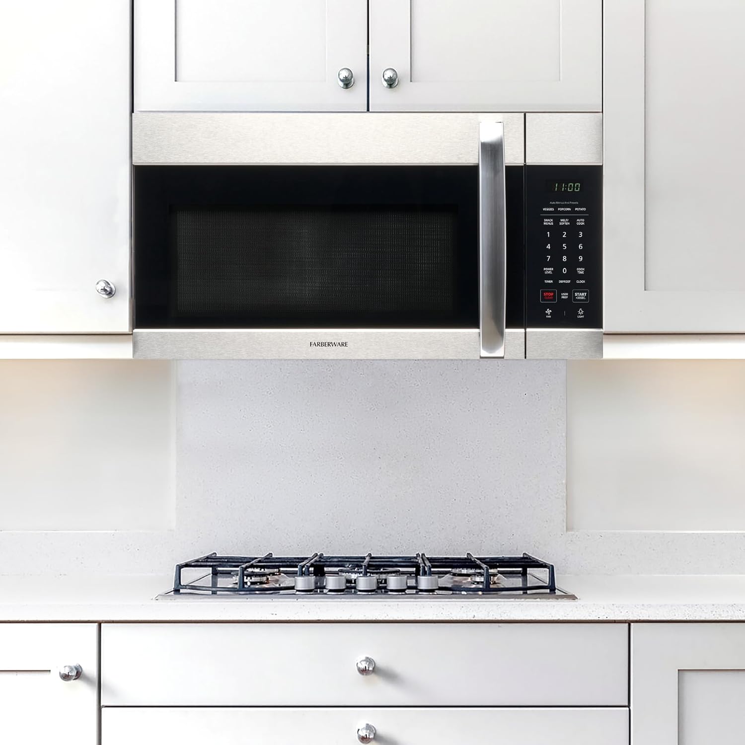 Farberware 1.7 Cu. Ft. Over-the-Range Microwave Oven – 1000 Watts Power, Auto Cook Settings, Defrost, Easy Clean and Child Safety Lock - Stainless