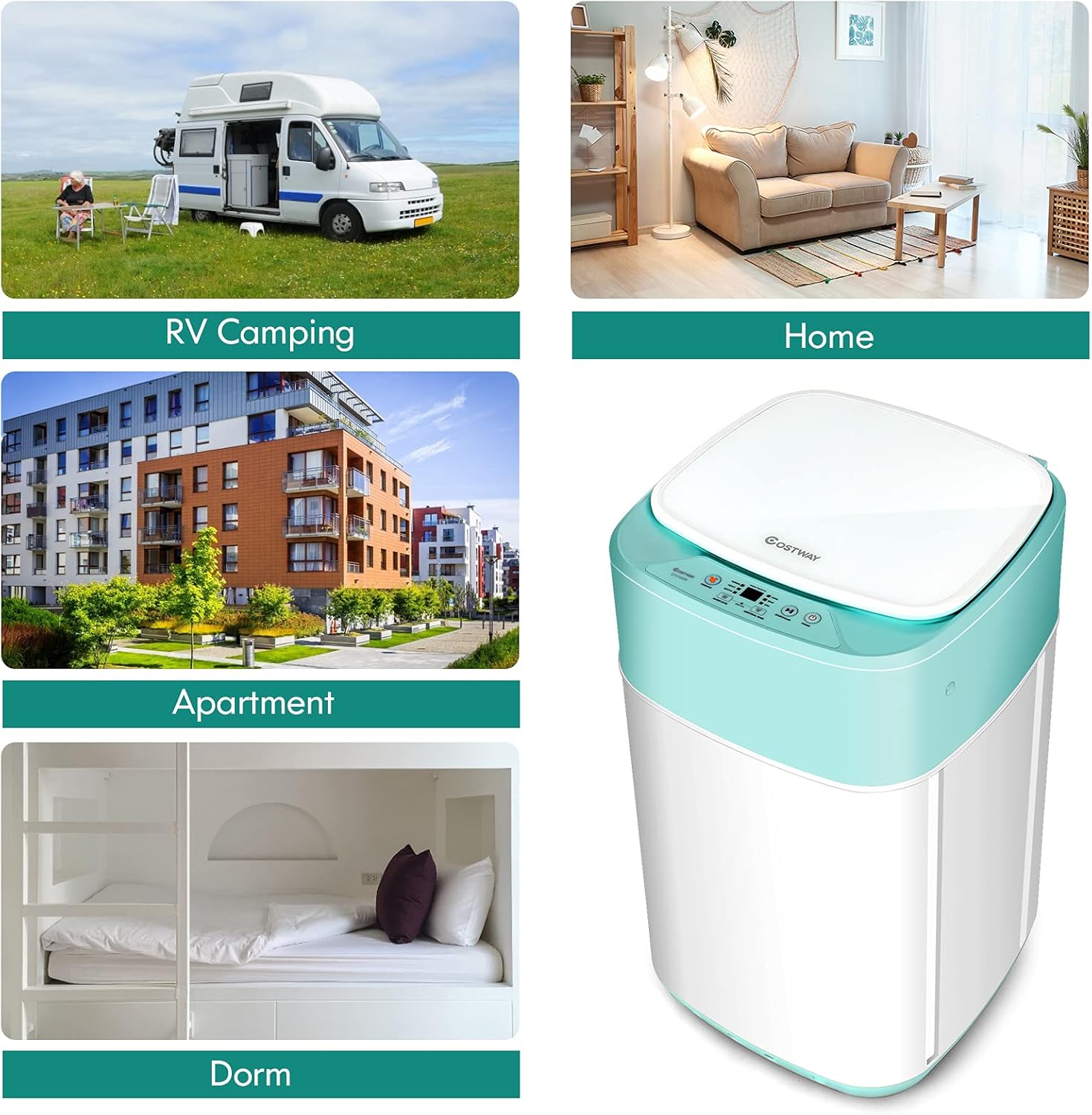 COSTWAY Portable Washing Machine, 8 Lbs Capacity, Built-in Drain Pump, Compact Laundry Washer with 6 Programs, 6 Water Levels, Child Lock, Full-Automatic washer for RV, Dorm, Apartment, Green