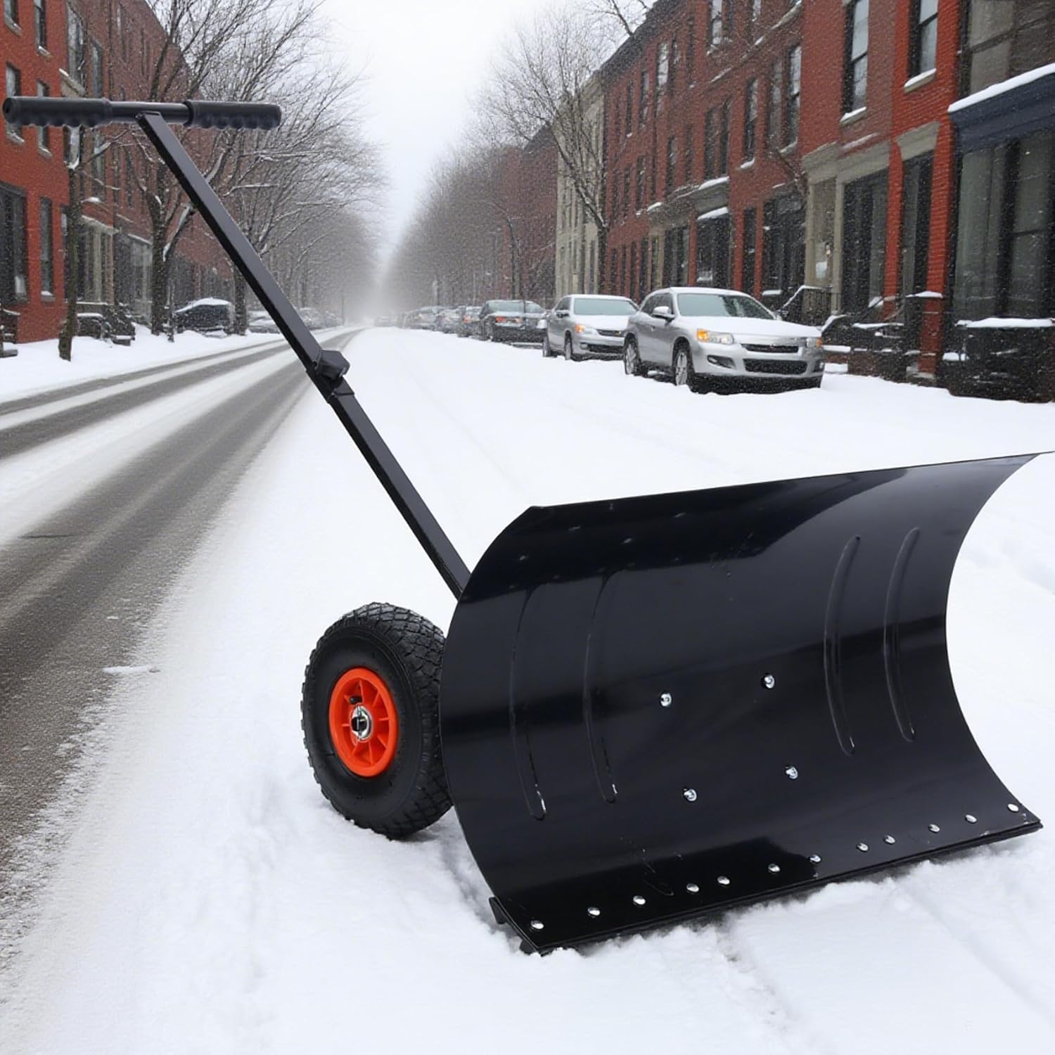 Snow Shovel with Wheels, Snow Pusher, Cushioned Adjustable Angle Handle Snow Removal Tool, 29