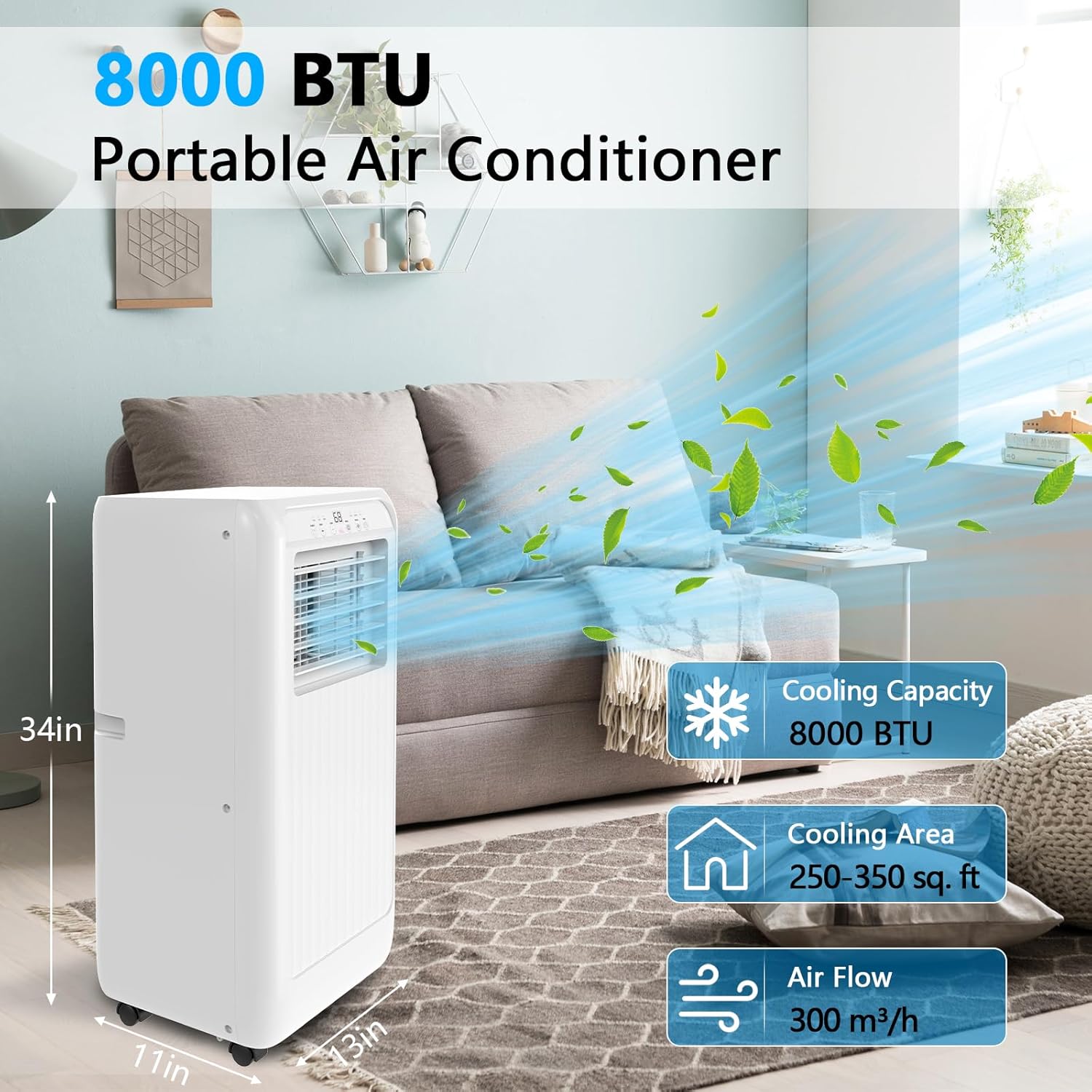 8000BTU Portable Air Conditioners, Portable Ac Unit Cools Up To 350 Sq, With Touch Remote Control, 24h Timer Air Cooler For Bedroom Office