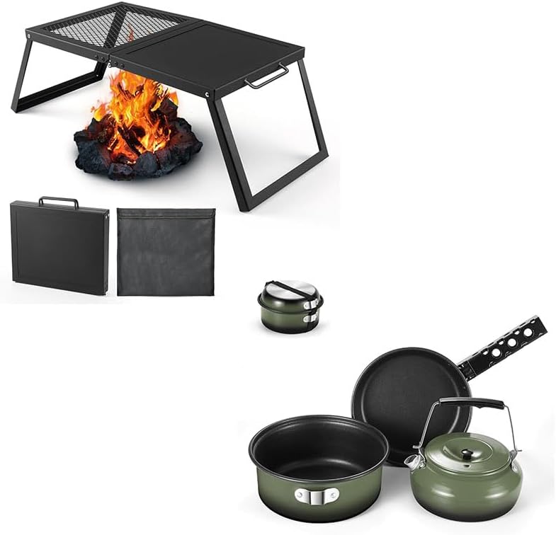 Odoland Bundle - 2 Items Folding Campfire Grill and 5pcs Camping Cookware