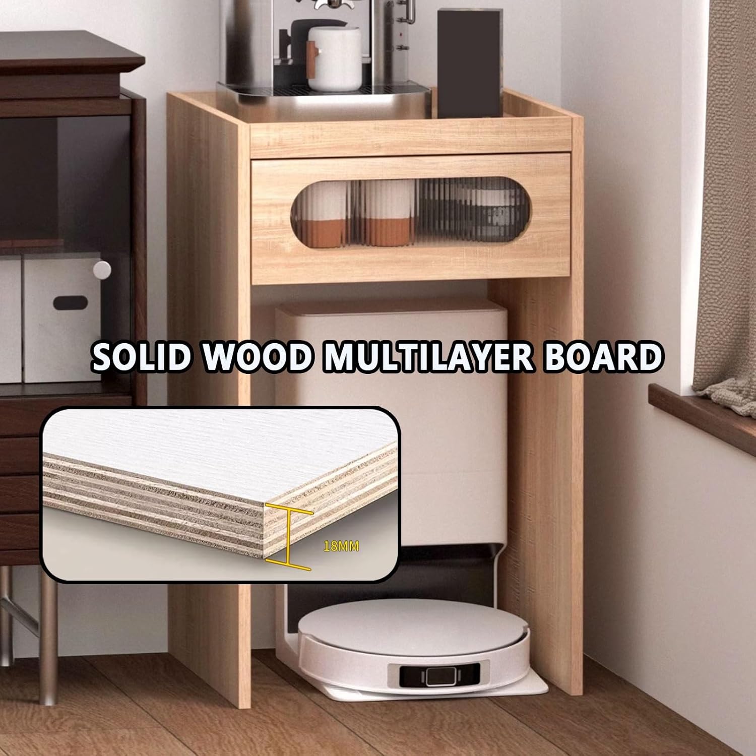 Coffee Bars Cabinet with Drawer Tall Robot Vacuum Hidden Cabinet Pull-Out Top Panel Top Antis-Fall Edge Design Multi-Functional Modern Vacuum Storage Stand 3 Colors(Natural,50 * 50 * 82.5cm)