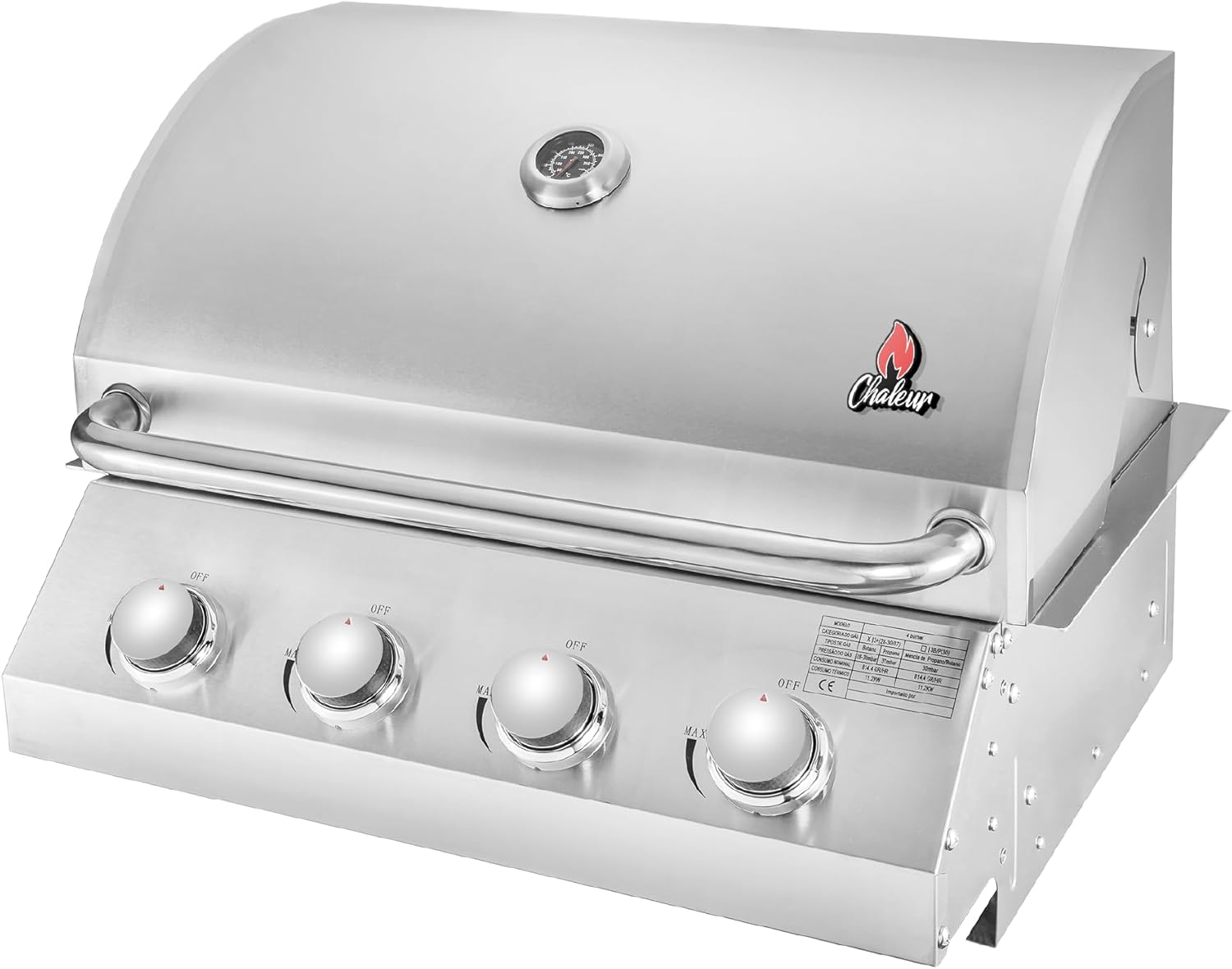 Chaleur Stainless Steel Built-In Gas Grill for Outdoor Kitchen, Individual Burners - 600°F Max Heat with Built-In Thermometer, Ideal for BBQ, Outdoor Grilling & Kitchen Accessories (4 Burners)