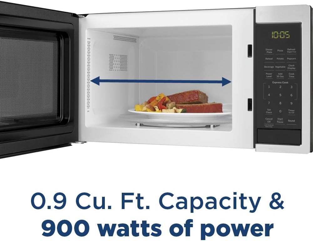 GE Countertop Microwave Oven | 0.9 Cubic Feet Capacity, 900 Watts | Kitchen Essentials for the Countertop or Dorm Room | Stainless Steel