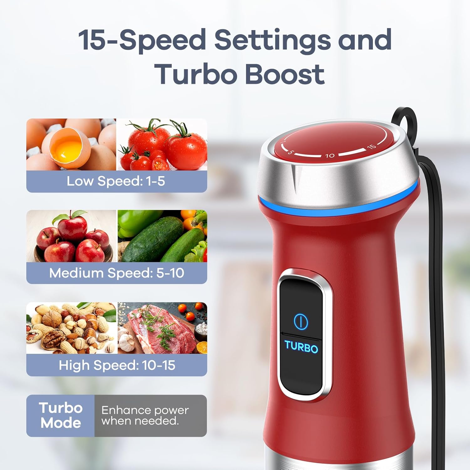 Ganiza Immersion Blender Handheld, 6 in 1 Hand Blender Stainless Steel Blade, 15 Speed Stick Blenders, 800ml Mixing Beaker, 600ml Chopper, Whisk, Frother, Potato Masher, Red