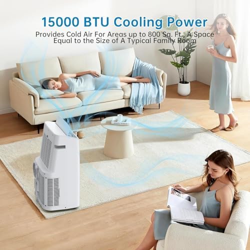 15000 BTU Portable Air Conditioner for 850 Sq Ft 3-In-1 AC Unit with Cooling/Dehumidifier/Fan Modes, Remote, 24H Timer & Installation Kit for Home/Office/Dorm