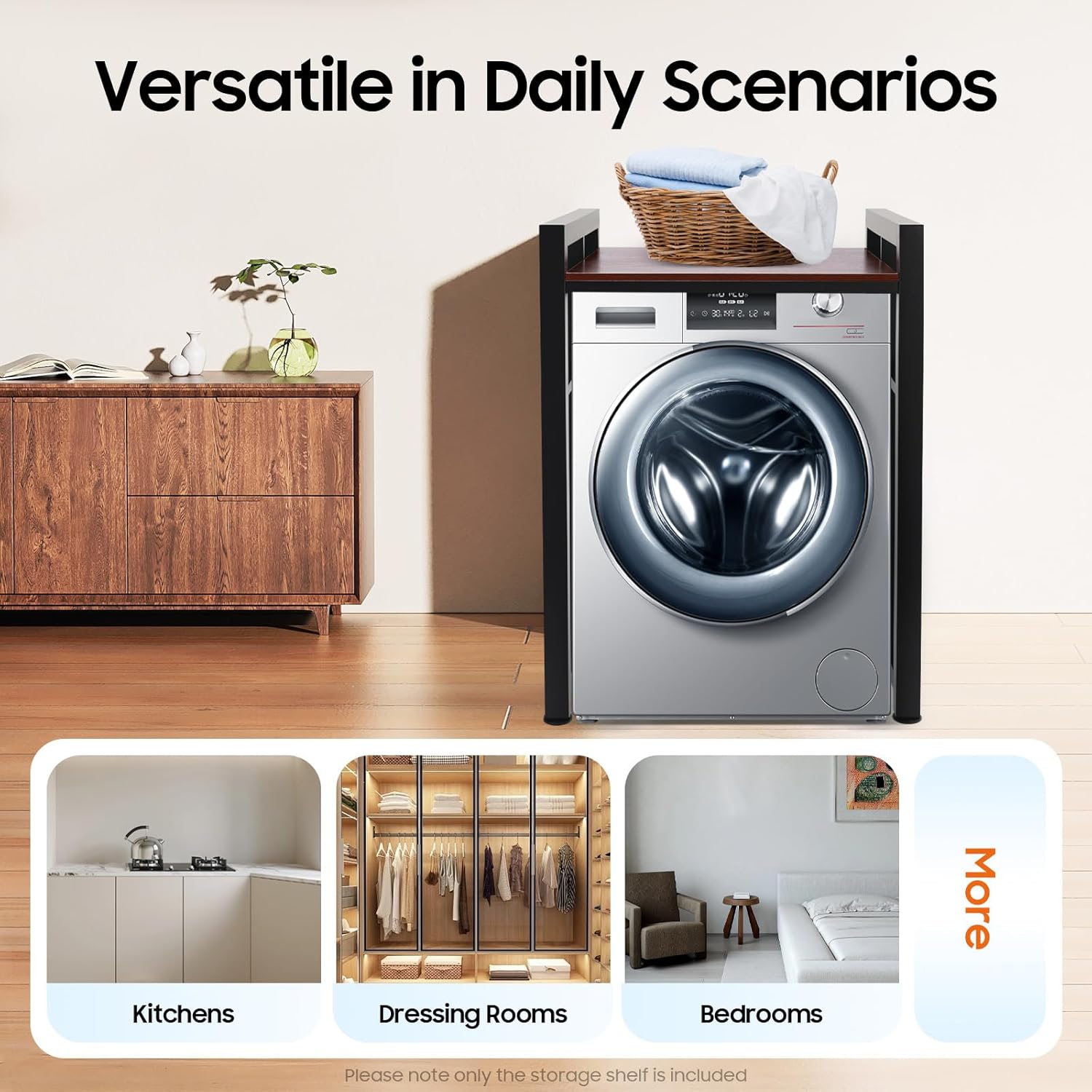 Heavy Duty Washer Dryer Stand & Appliance Storage Rack, 418Lb Capacity Adjustable Height, Steel Solid Wood Laundry Shelf for Home Utility Room, Black/Teak