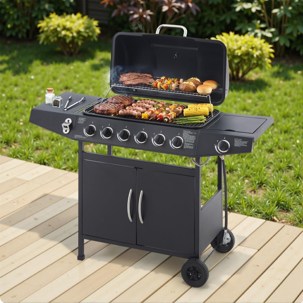 6 Burner BBQ Propane Gas Grill with Side Burner 59000 BTU Output Stainless Steel Barbecue Grill with Enamel-Coated Grates and Side Tables for Outdoor Cooking Kitchen and Patio Backyard