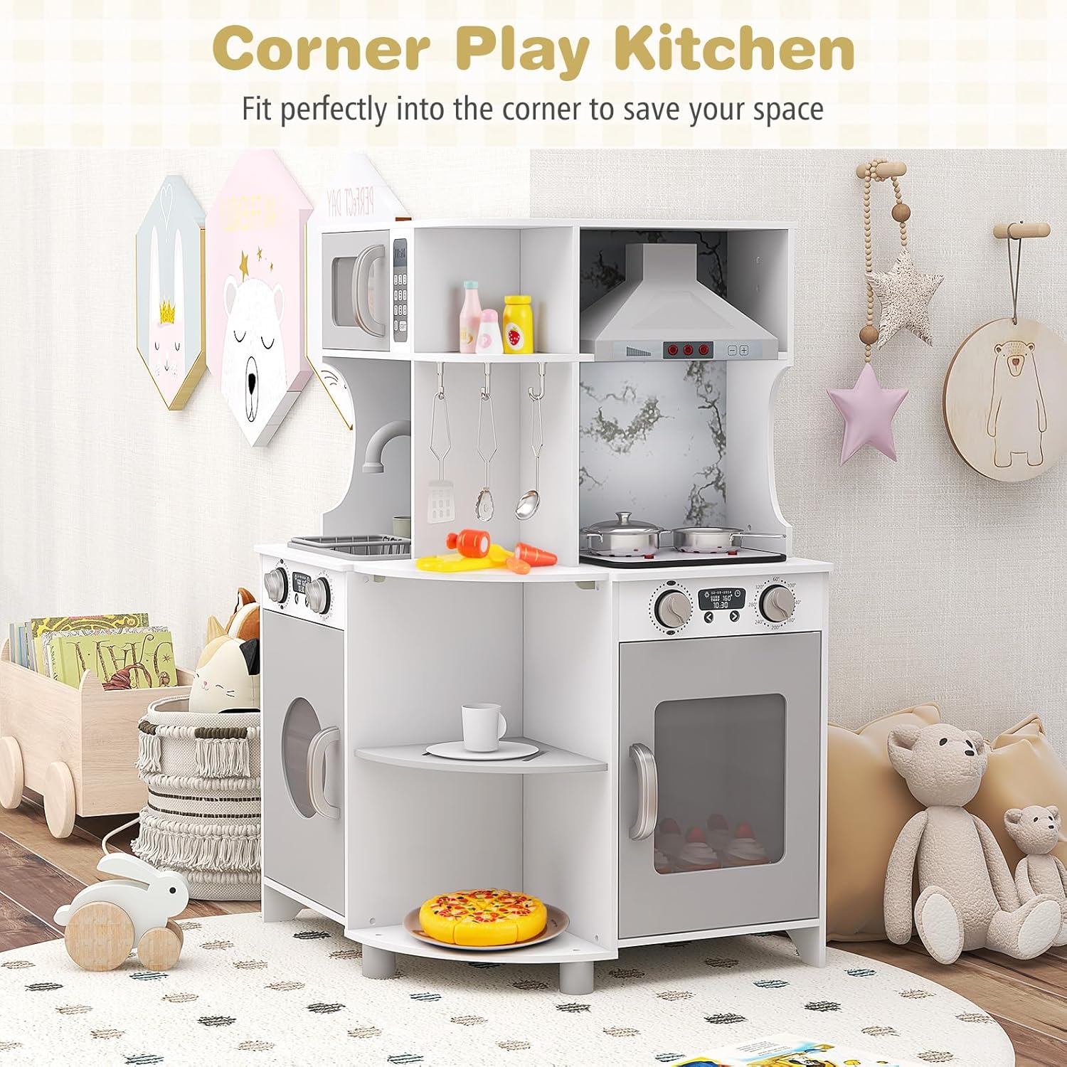 Costzon Corner Play Kitchen, Wooden Kids Kitchen Playset w/Water Circulation, Real Light & Sound, Microwave, Range Hood, Stove, Oven, Toy Kitchen Set for Kids Toddlers, Gift for Boys Girls 3+ (Grey)