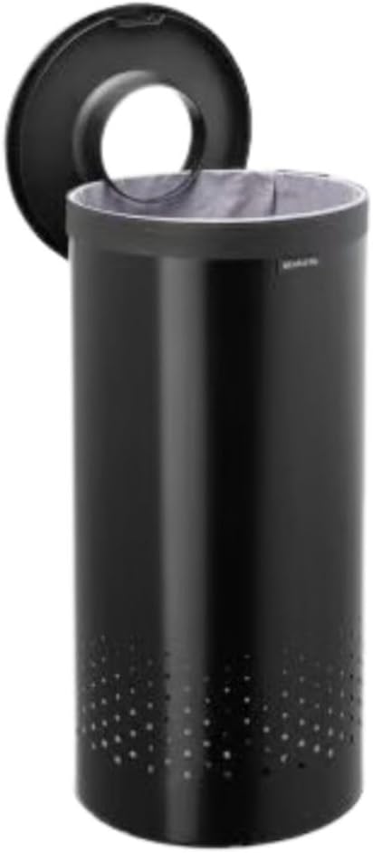 Brabantia Laundry Basket with Lid | 9 Gal Washing Hamper with Removable Cotton Bag & Quick-Drop Opening | Space-Saving Laundry Hamper | Matt Black