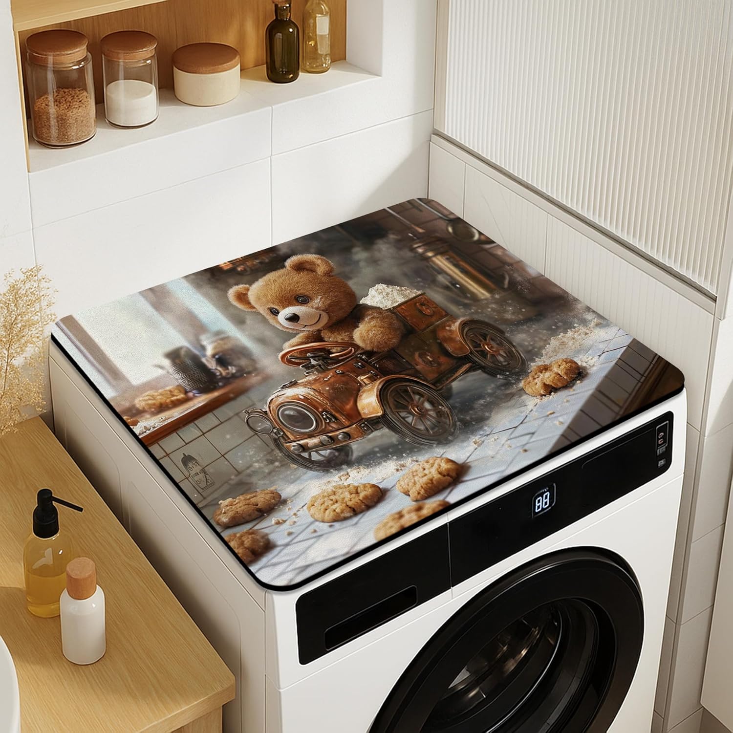 Cute Bear Washer Dryer Top Protector Mat, Adorable Vintage Toy Design Laundry Machine Dust Covers, Soft Cotton Anti-slip Waterproof Mats for Home 20x24 Inch