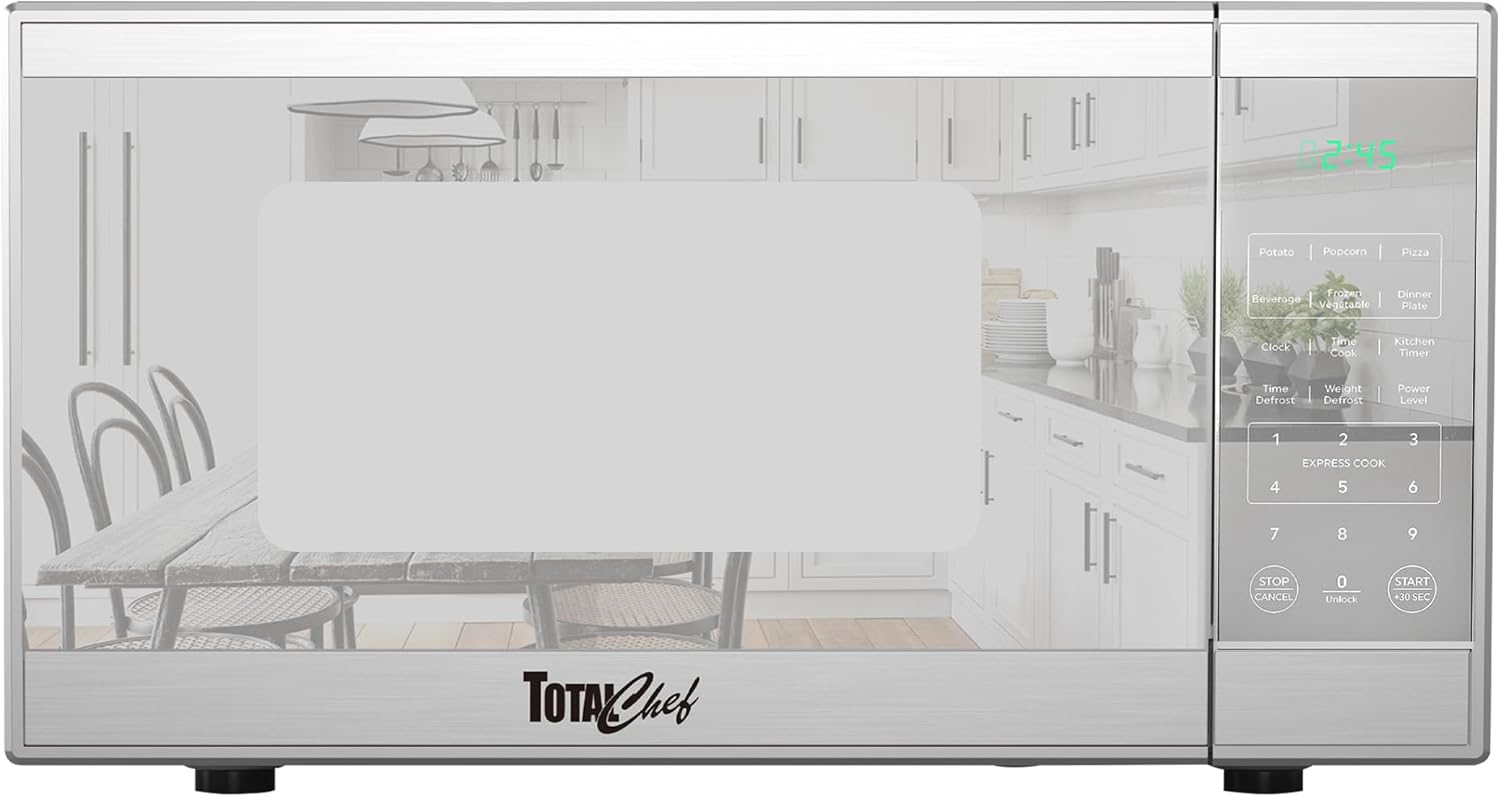 Total Chef 1.3 Cu Ft Microwave Oven – Compact Countertop Kitchen Appliance, Small Stainless Steel Microwave with Digital Touch, Pre-Set Functions, 12.8” Turntable, 1100 Watt