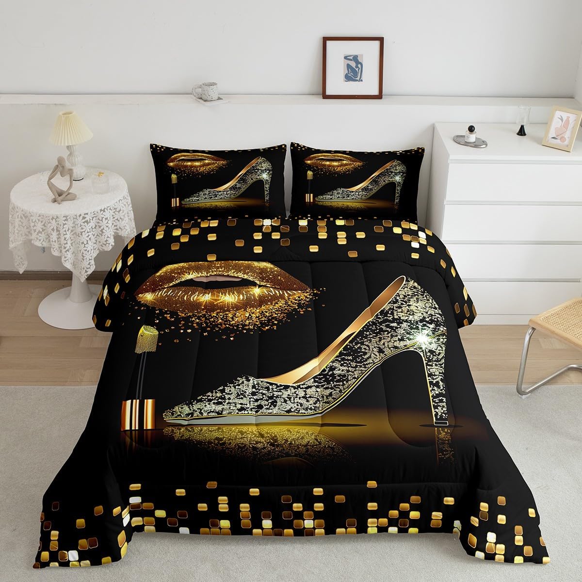 Manfei Gold Glitter Lips Comforter Set King Size, Black Golden High-Heeled Shoes Bedding Set 3pcs for Boys Girls Room Decor, Geometric Grid Quilt Set Fashion Duvet Set with 2 Pillowcases