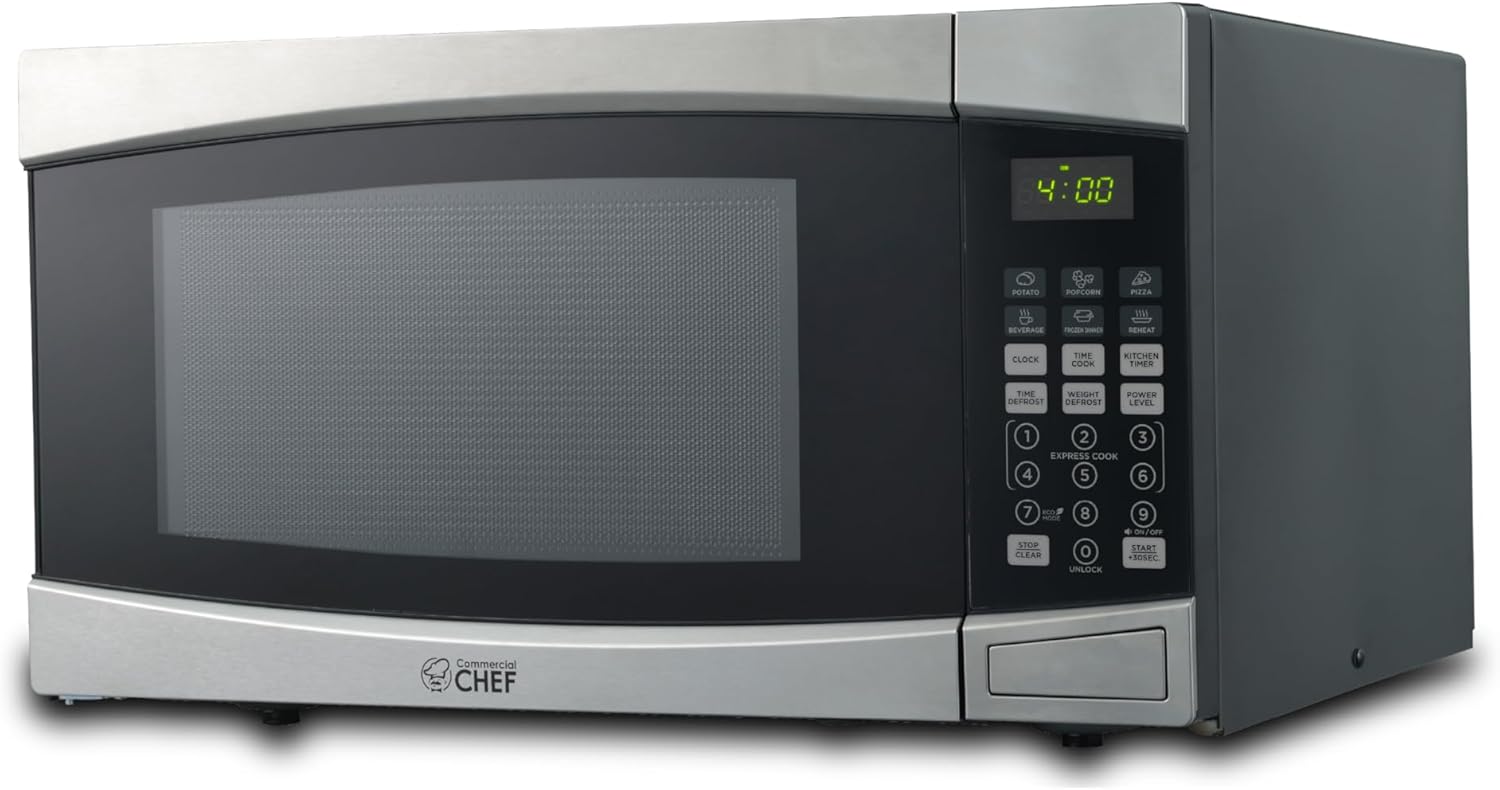 COMMERCIAL CHEF 1.6 Cubic Foot Microwave with 10 Power Levels, Small Microwave with Push Button, 1000 Watt Microwave with Digital Control Panels, Countertop Microwave with Timer, Stainless Steel