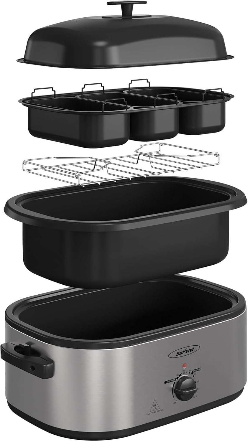 Sunvivi Electric Roaster Oven, Roaster with Removable 3-bin Buffet Server, 20 QT Turkey Roaster Oven with 150-450°F Full-Range Temperature Control, Removable Pan & Rack, Stainless Steel, Silver